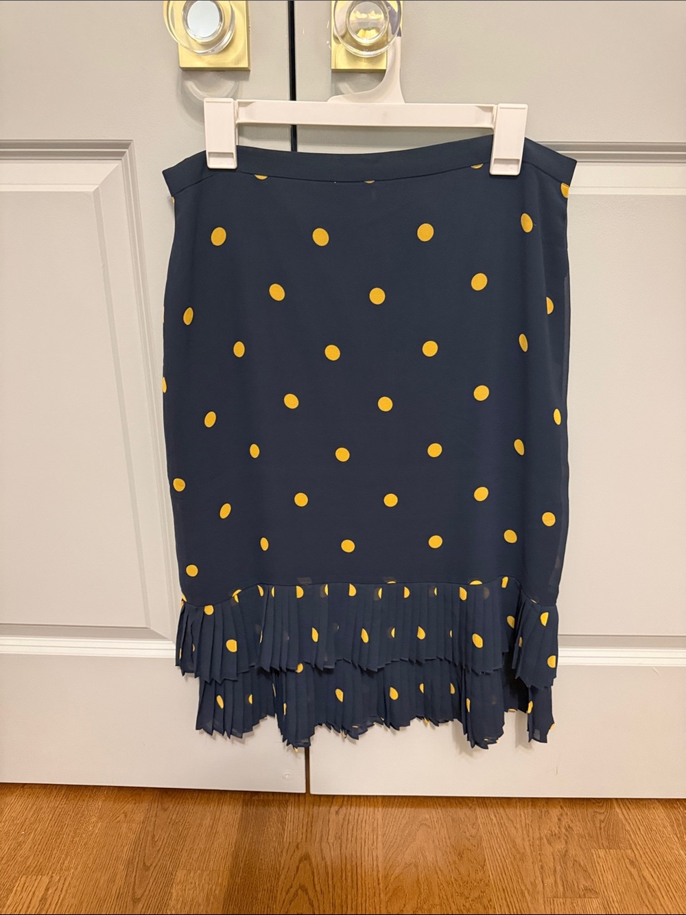 LOFT Navy Blue Skirt with Yellow Polka Dots and Pleated Hem